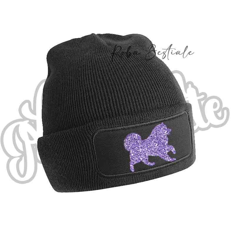 Cappellino invernale nero con applicazione cane glitter viola
