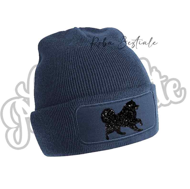 Cappellino invernale blu navy con applicazione cane a paillettes nere