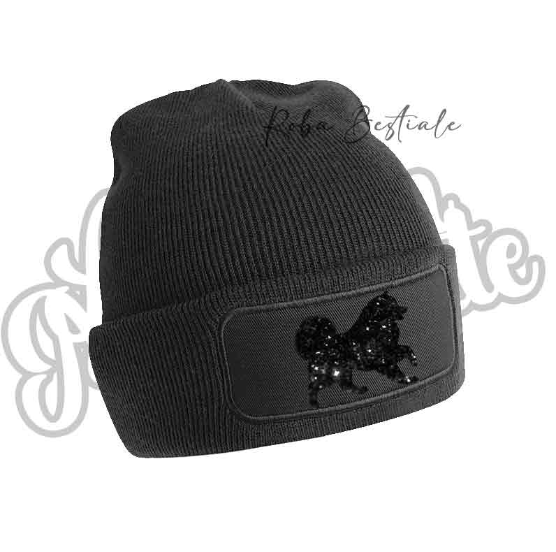 Cappellino invernale nero con applicazione cane a paillettes nere
