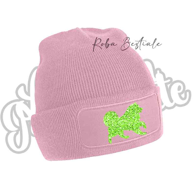Cappellino invernale rosa baby con applicazione cane glitter verde lime