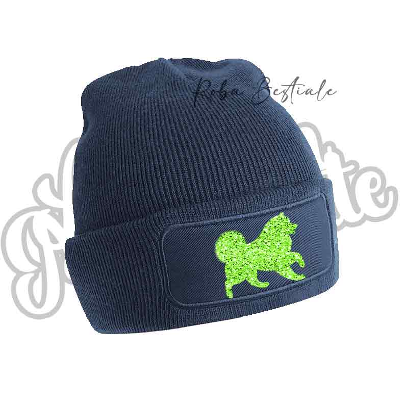 Cappellino invernale blu navy con applicazione cane glitter verde lime