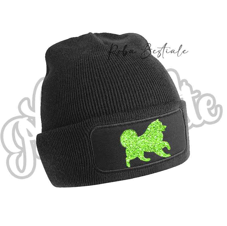 Cappellino invernale nero con applicazione cane glitter verde lime