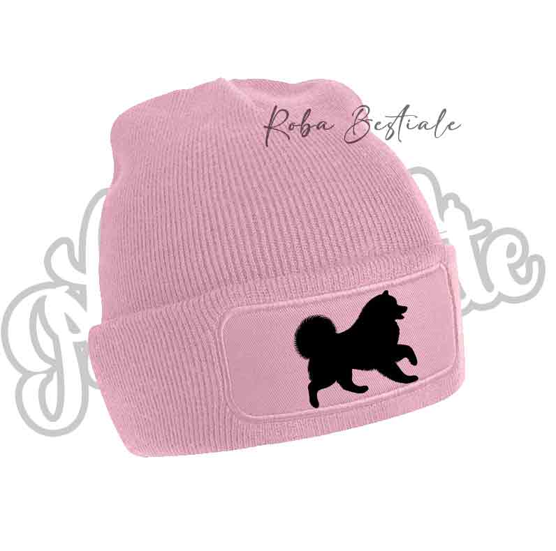 Cappellino invernale rosa baby con patch cane silhouette nera