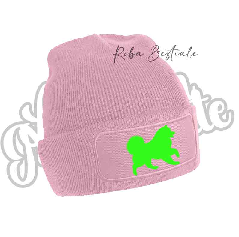 Cappellino invernale rosa baby con patch cane silhouette verde fluo