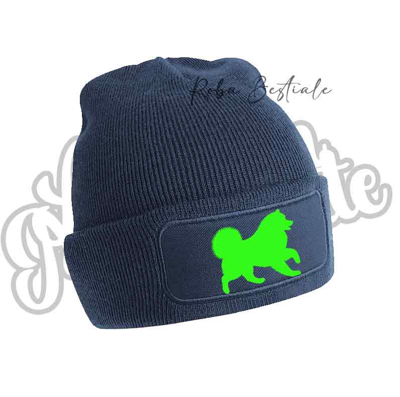 Cappellino invernale blu navy con patch cane silhouette verde fluo