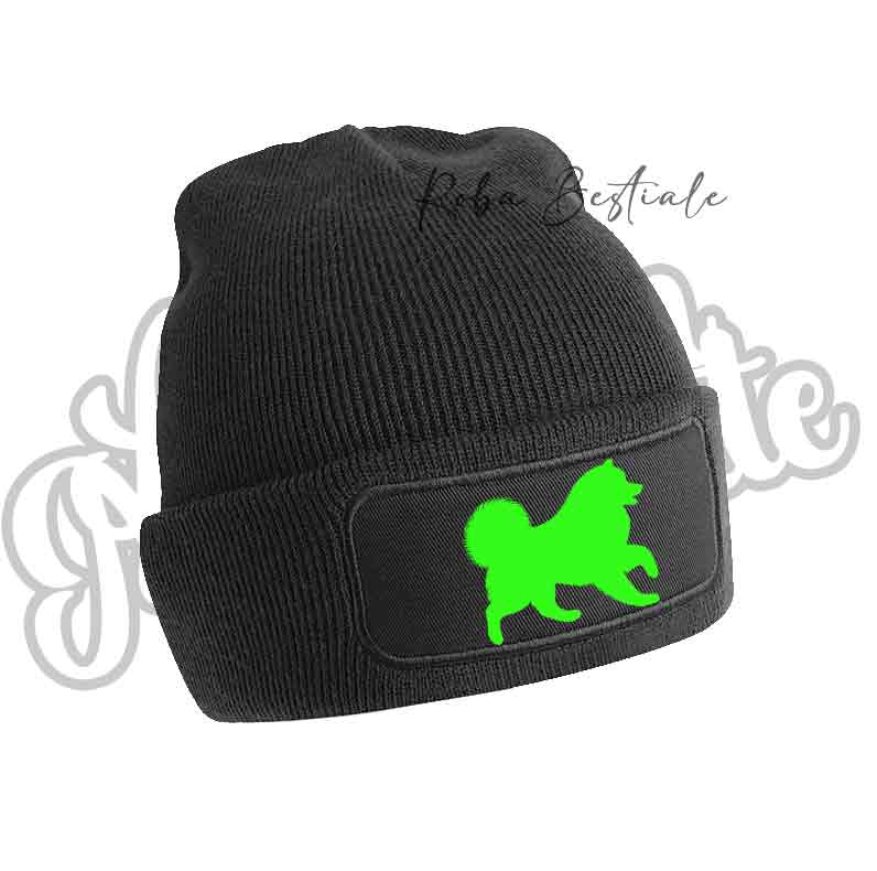 Cappellino invernale nero con patch cane silhouette verde fluo