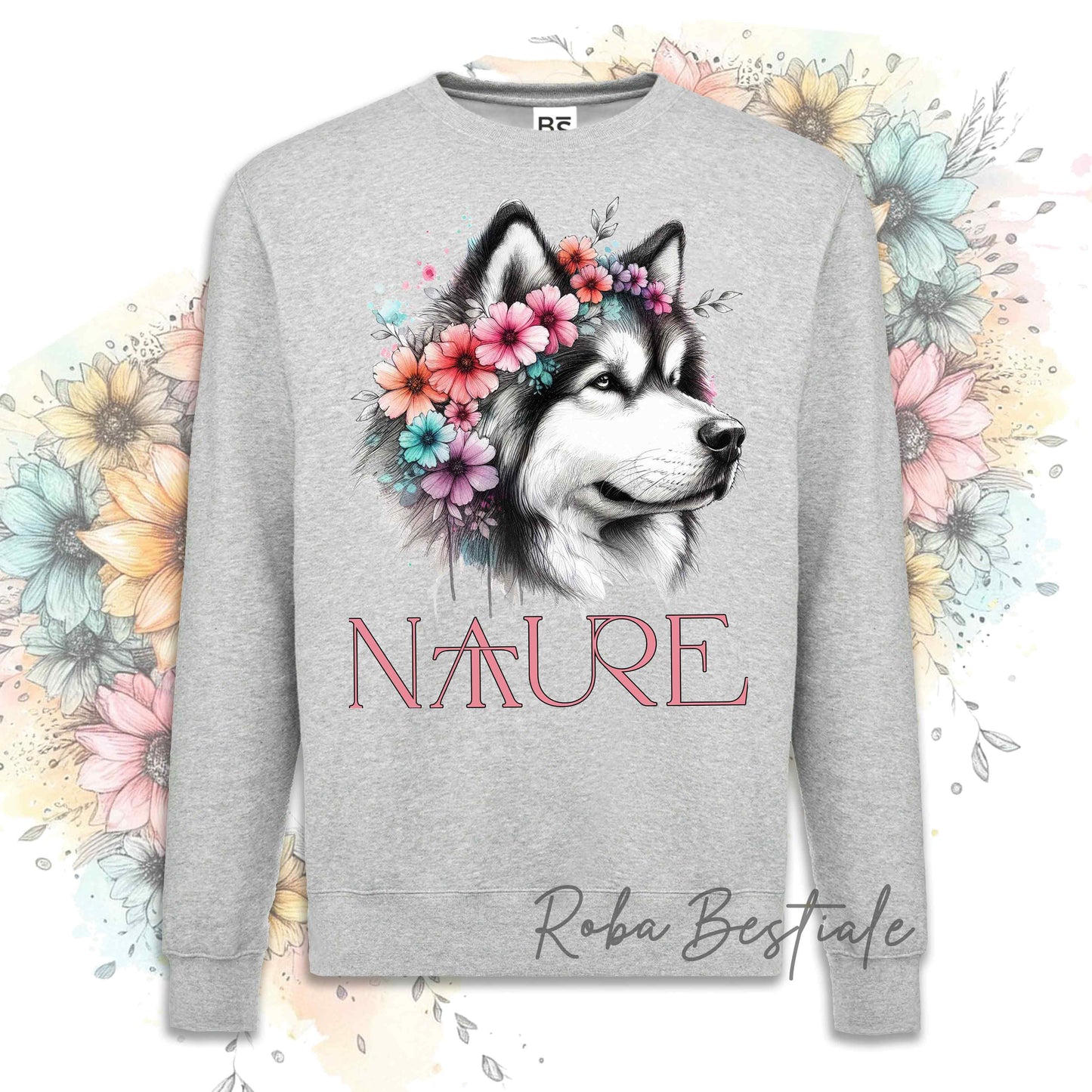 Felpa NATURE - ALASKAN MALAMUTE - Girocollo, Unisex - Off White, Bianca o Grigia - dalla XS alla 3XL