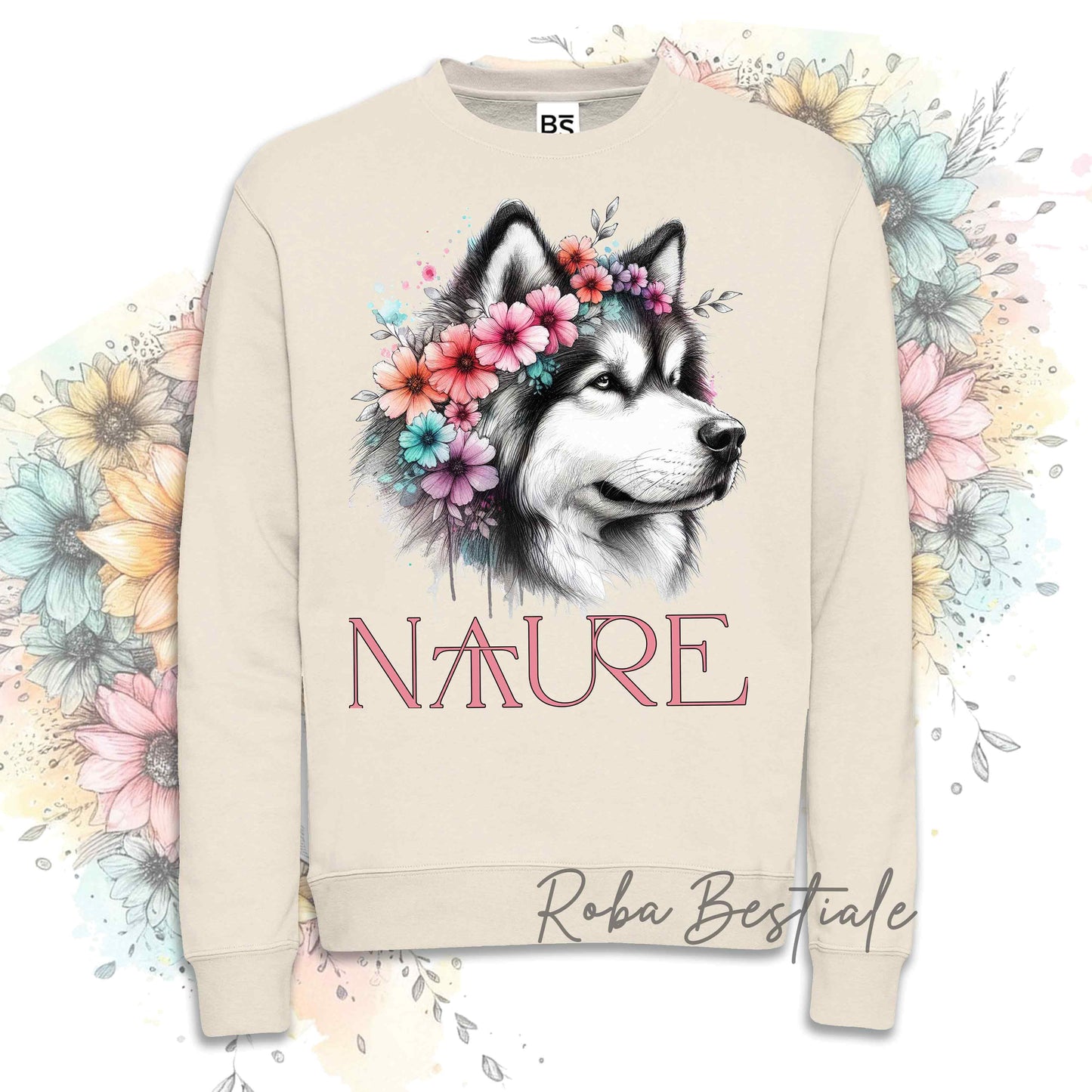 Felpa NATURE - ALASKAN MALAMUTE - Girocollo, Unisex - Off White, Bianca o Grigia - dalla XS alla 3XL