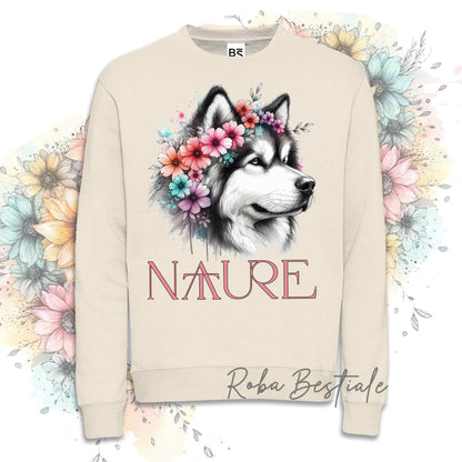 Felpa NATURE - ALASKAN MALAMUTE - Girocollo, Unisex - Off White, Bianca o Grigia - dalla XS alla 3XL