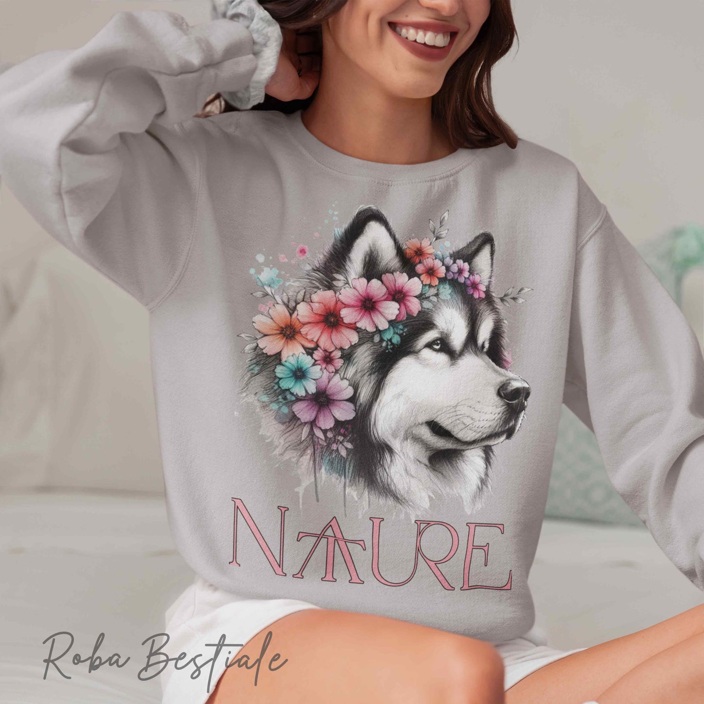 Felpa NATURE - ALASKAN MALAMUTE - Girocollo, Unisex - Off White, Bianca o Grigia - dalla XS alla 3XL