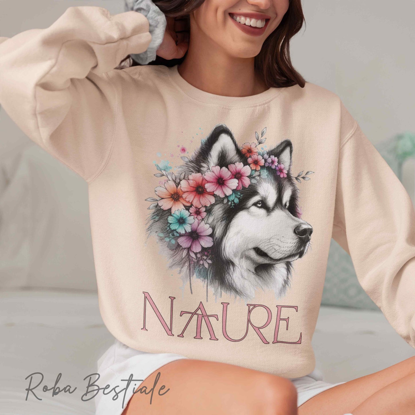 Felpa NATURE - ALASKAN MALAMUTE - Girocollo, Unisex - Off White, Bianca o Grigia - dalla XS alla 3XL