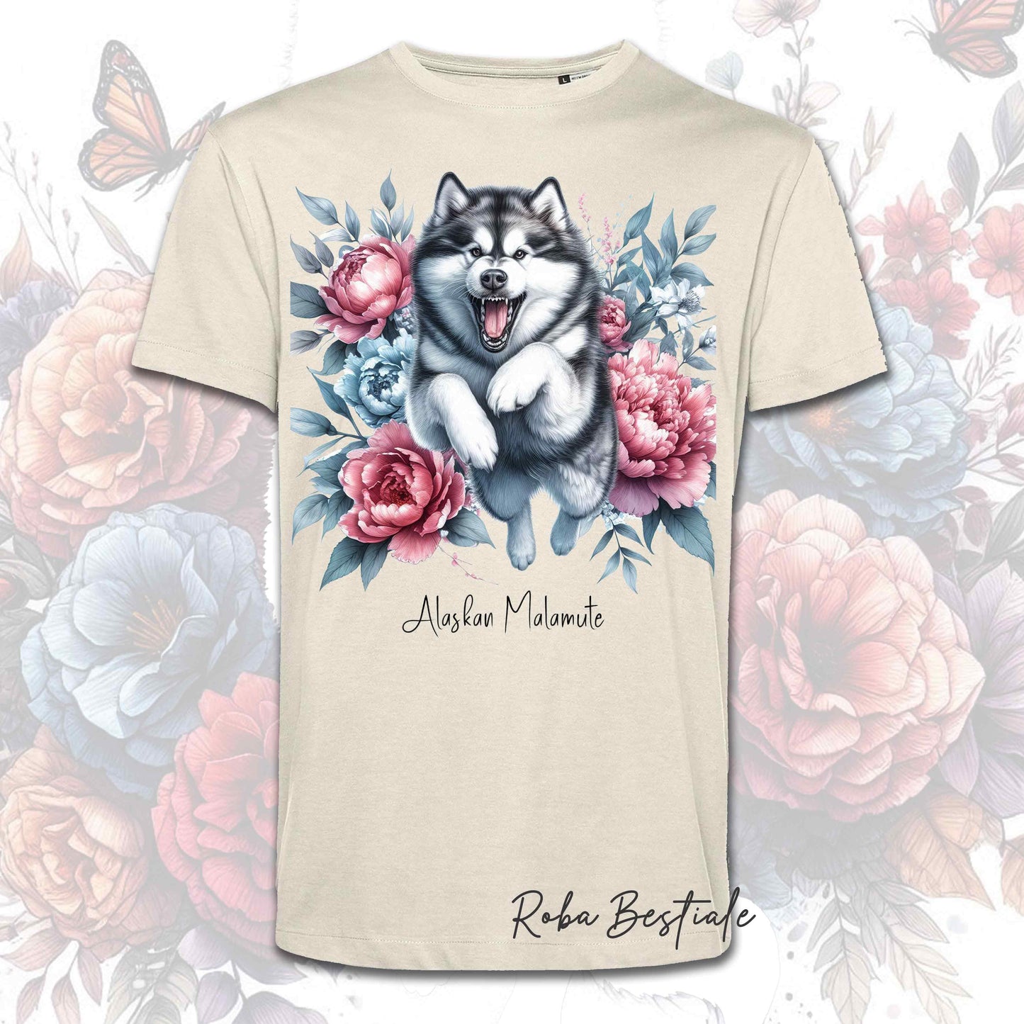 T-Shirt PEONY - ALASKAN MALAMUTE - Bianca o Beige, Uomo o Donna, dalla XS alla 5XL