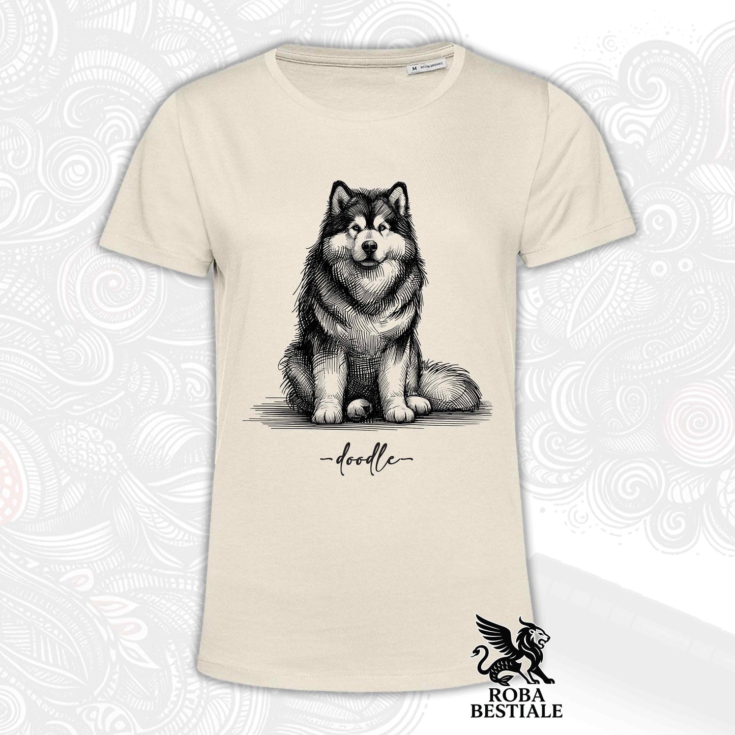 T-Shirt DOODLE - ALASKAN MALAMUTE - Bianca o Beige, da Uomo o da Donna - dalla XS alla 5XL