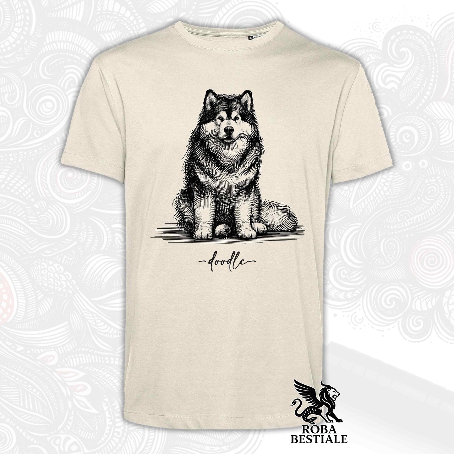 T-Shirt DOODLE - ALASKAN MALAMUTE - Bianca o Beige, da Uomo o da Donna - dalla XS alla 5XL