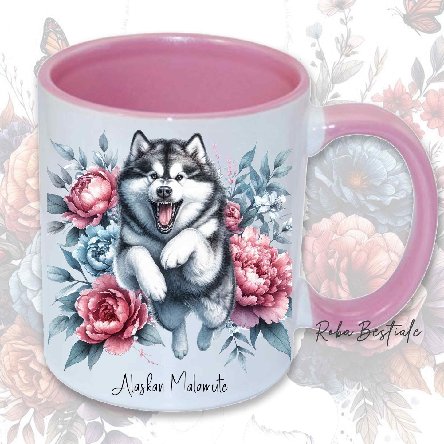 Tazza PEONY - ALASKAN MALAMUTE - In Ceramica, con manico e interno colorato - 330 ml