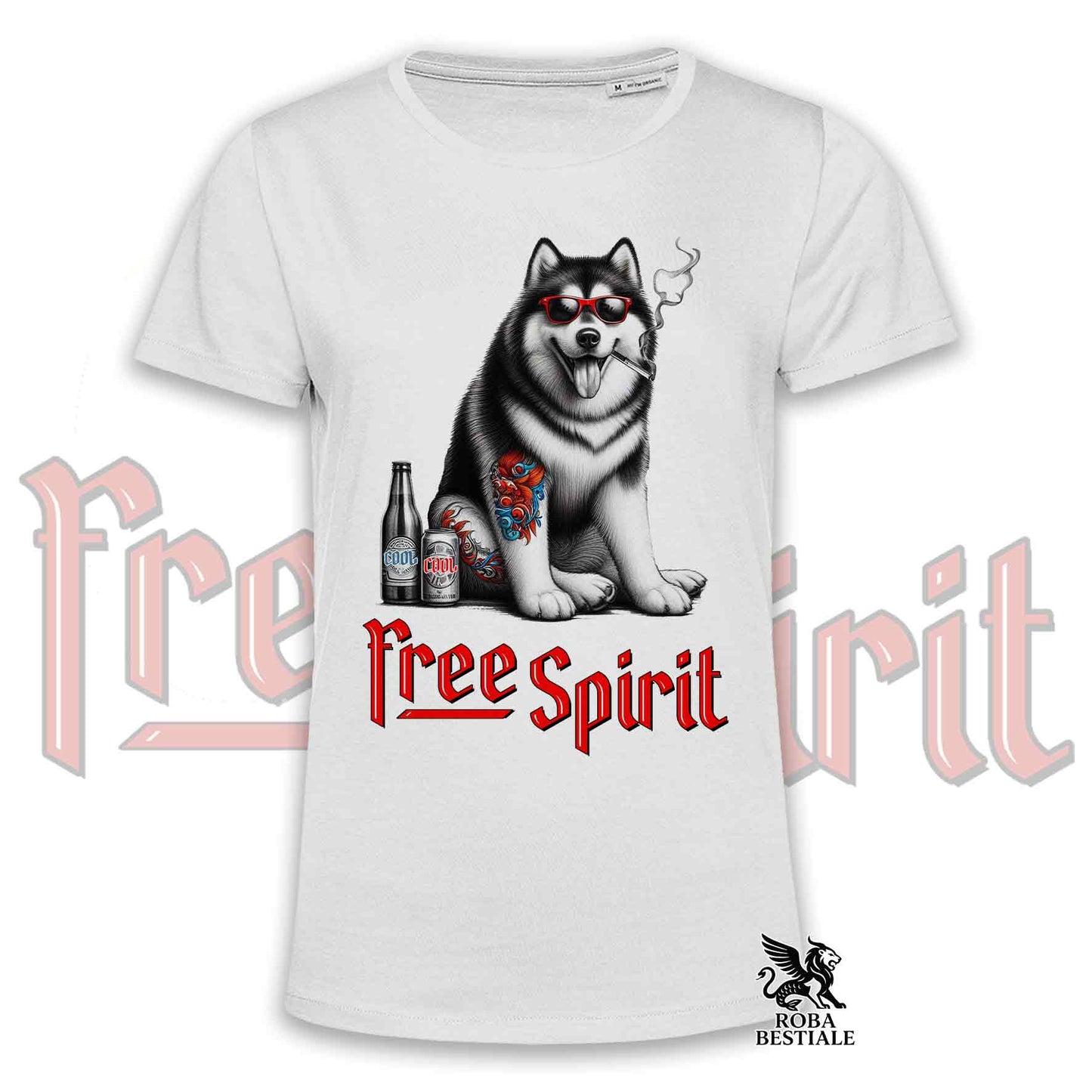 T-Shirt FREE SPIRIT - ALASKAN MALAMUTE - Bianca o Beige, da Uomo o da Donna - dalla XS alla 5XL