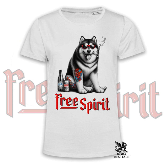 T-Shirt FREE SPIRIT - ALASKAN MALAMUTE - Bianca o Beige, da Uomo o da Donna - dalla XS alla 5XL
