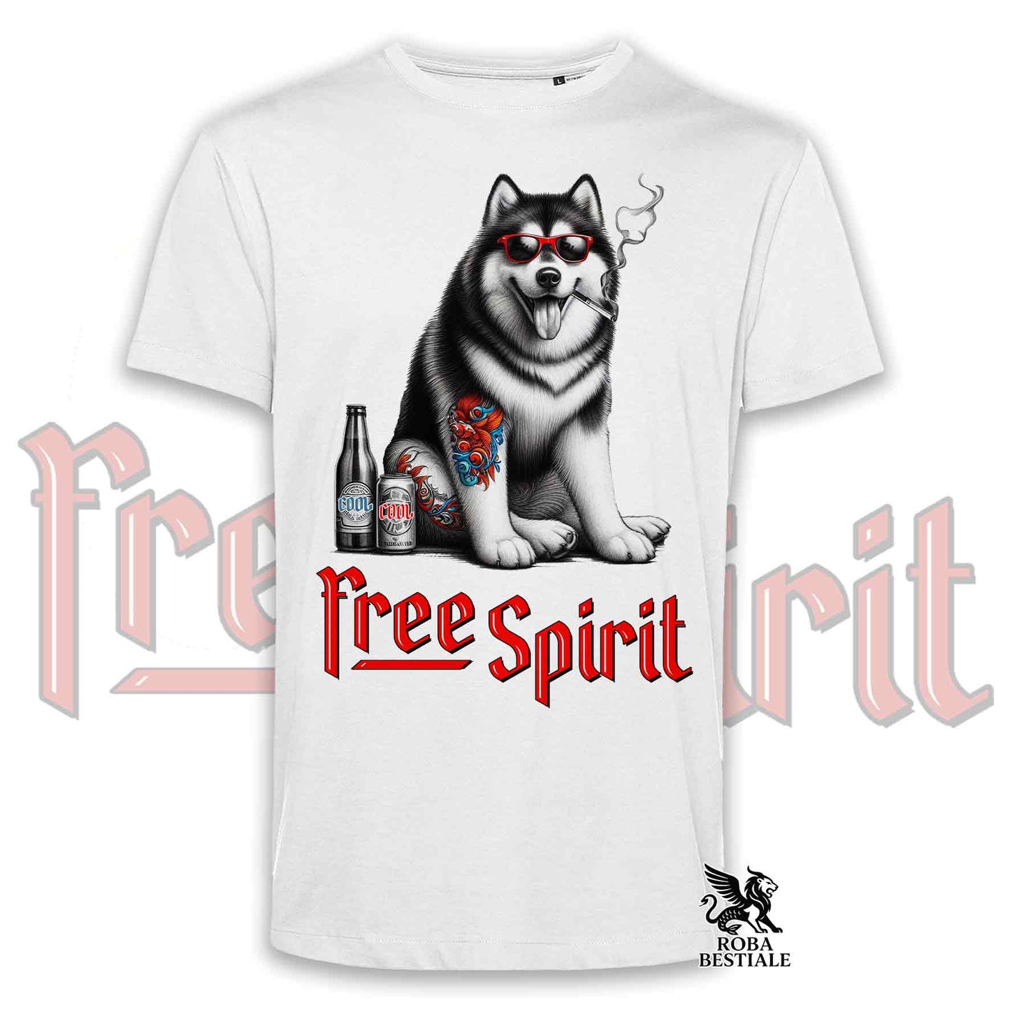 T-Shirt FREE SPIRIT - ALASKAN MALAMUTE - Bianca o Beige, da Uomo o da Donna - dalla XS alla 5XL
