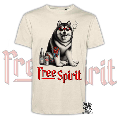 T-Shirt FREE SPIRIT - ALASKAN MALAMUTE - Bianca o Beige, da Uomo o da Donna - dalla XS alla 5XL