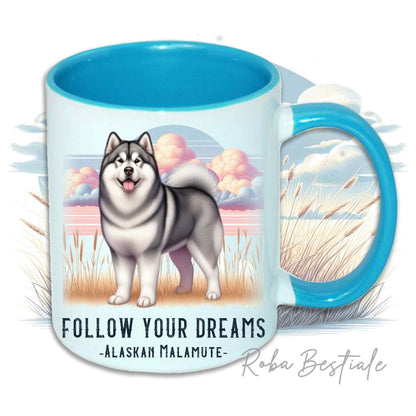Mug CITATIONS "RÊVE" - MALAMUTE D'ALASKA Gris - En céramique, avec anse et intérieur de différentes couleurs - 330 ml
