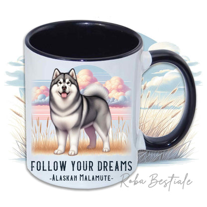 Mug CITATIONS "RÊVE" - MALAMUTE D'ALASKA Gris - En céramique, avec anse et intérieur de différentes couleurs - 330 ml