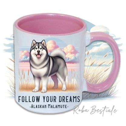 Mug CITATIONS "RÊVE" - MALAMUTE D'ALASKA Gris - En céramique, avec anse et intérieur de différentes couleurs - 330 ml