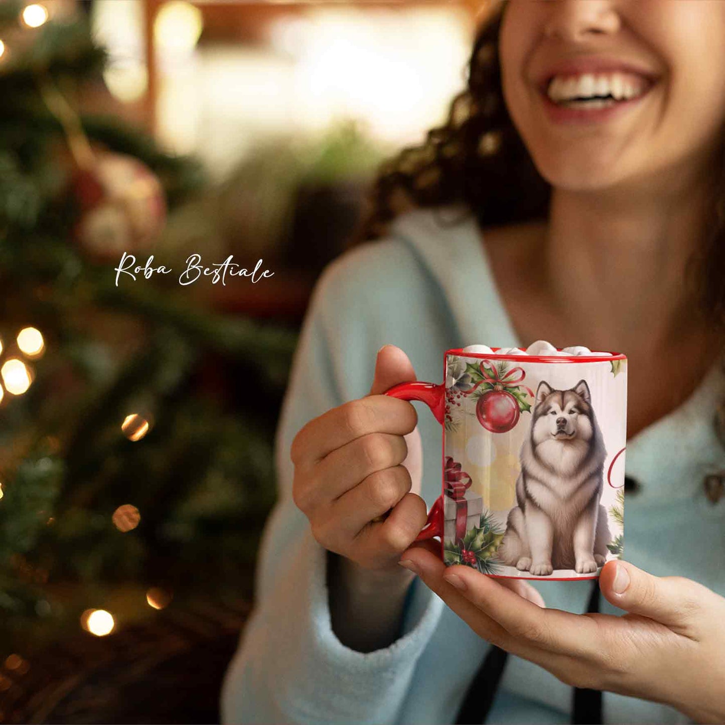 Tazza VINTAGE WINTER - ALASKAN MALAMUTE Grigio Chiaro - In Ceramica, con dettagli Rossi - 330 ml