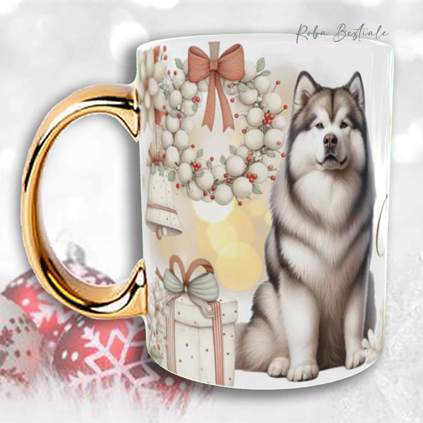 Tazza COZY WINTER - ALASKAN MALAMUTE Grigio Chiaro - In Ceramica, con manico color Oro - 330 ml