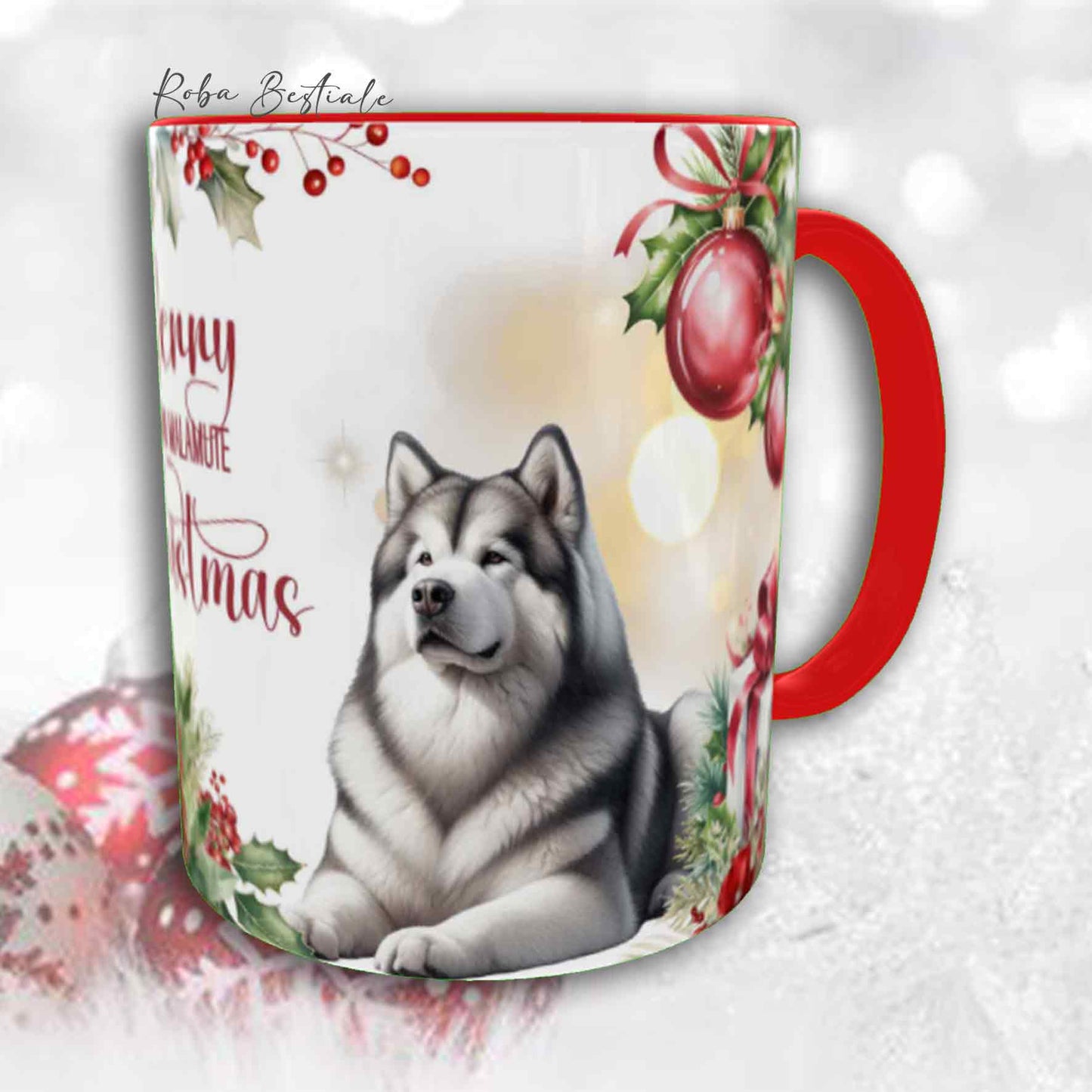 Tazza VINTAGE WINTER - ALASKAN MALAMUTE Grigio Chiaro - In Ceramica, con dettagli Rossi - 330 ml