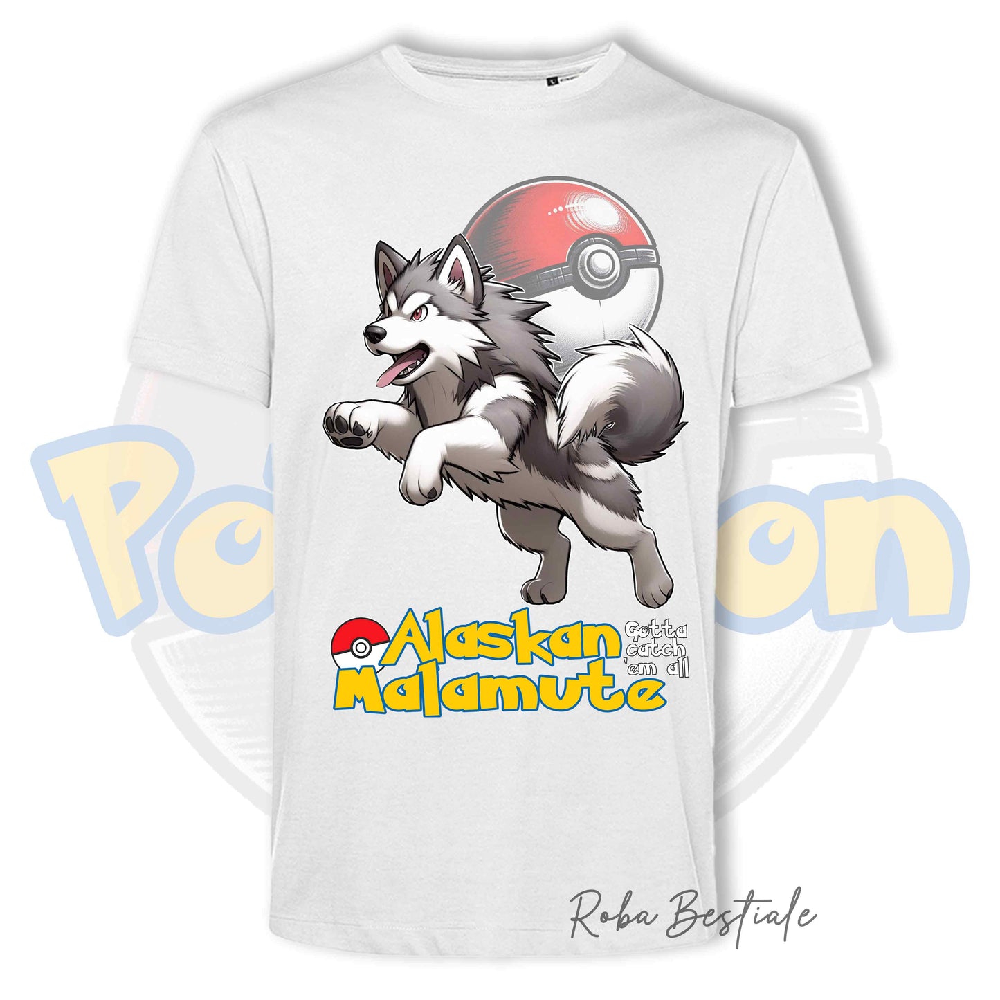 T-Shirt POKEMON - ALASKAN MALAMUTE Grigio Chiaro - Uomo o Donna - Bianca, Nera o Beige - dalla XS alla 5XL