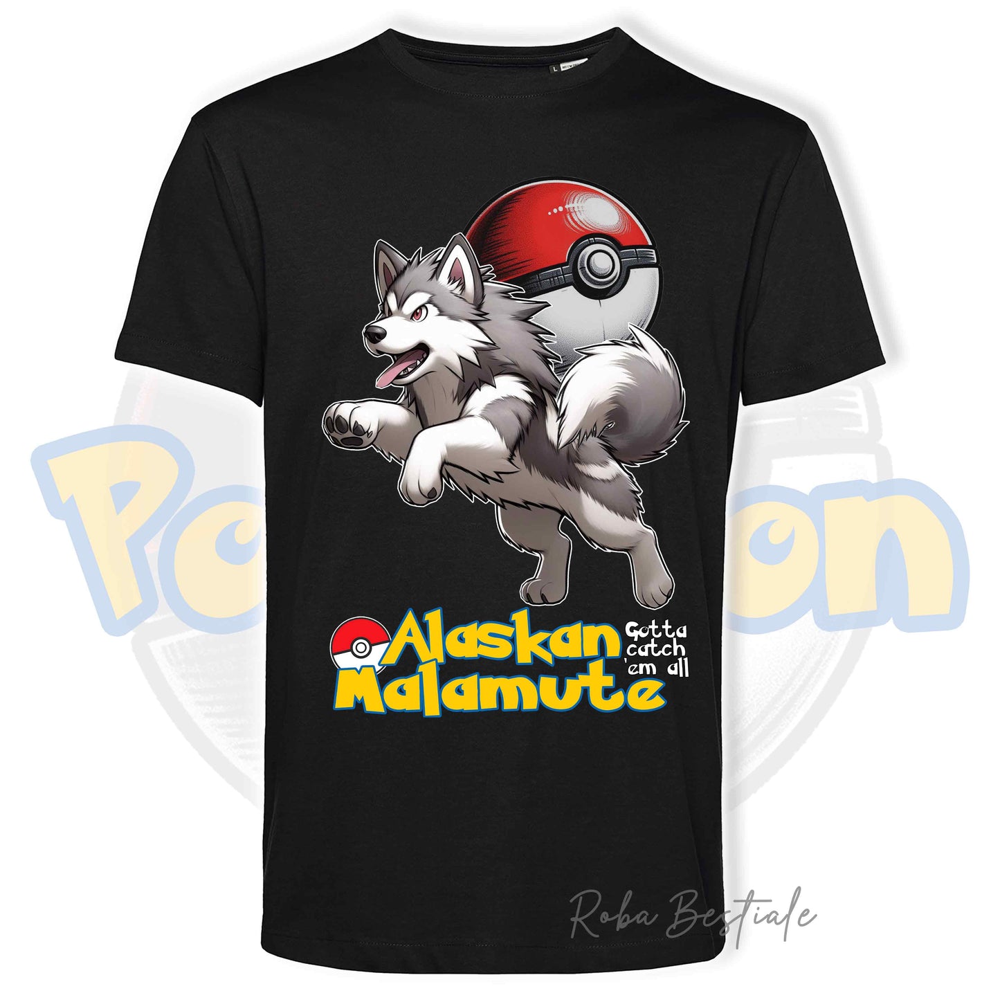 T-Shirt POKEMON - ALASKAN MALAMUTE Grigio Chiaro - Uomo o Donna - Bianca, Nera o Beige - dalla XS alla 5XL