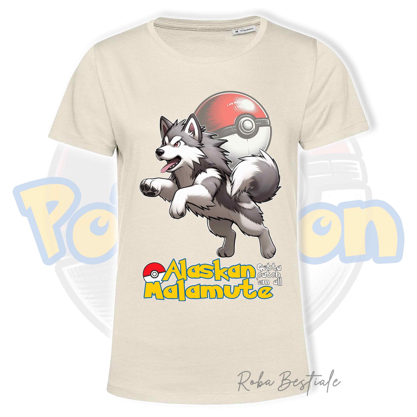 T-Shirt POKEMON - ALASKAN MALAMUTE Grigio Chiaro - Uomo o Donna - Bianca, Nera o Beige - dalla XS alla 5XL
