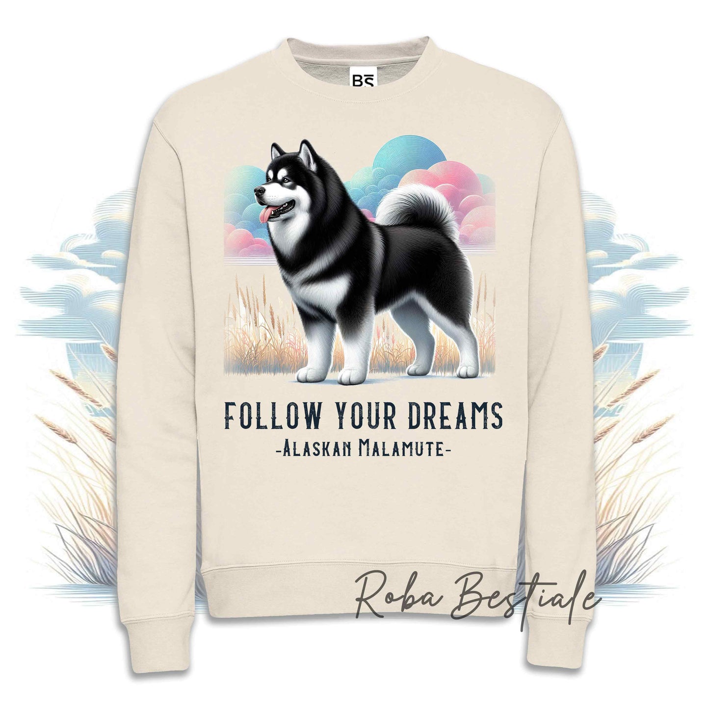Felpa QUOTES "DREAM" - ALASKAN MALAMUTE Nero - Girocollo, Unisex - Off White, Bianca o Grigia - dalla XS alla 3XL
