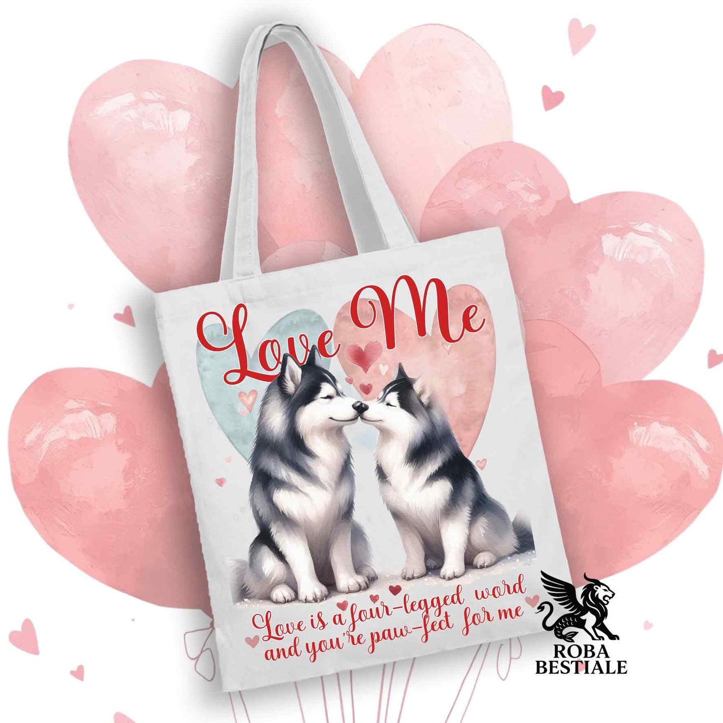 Tote Bag LOVE ME - ALASKAN MALAMUTE Nero - 100% Cotone - Bianca o Beige