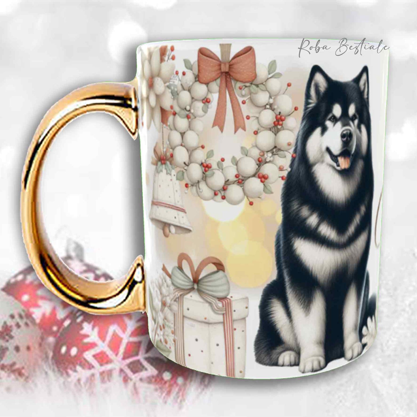 Tazza COZY WINTER - ALASKAN MALAMUTE Nero - In Ceramica, con manico color Oro - 330 ml