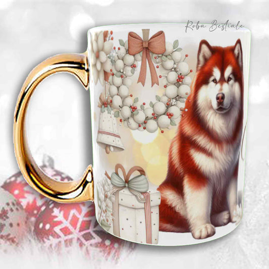 Tazza COZY WINTER - ALASKAN MALAMUTE Rosso - In Ceramica, con manico color Oro - 330 ml