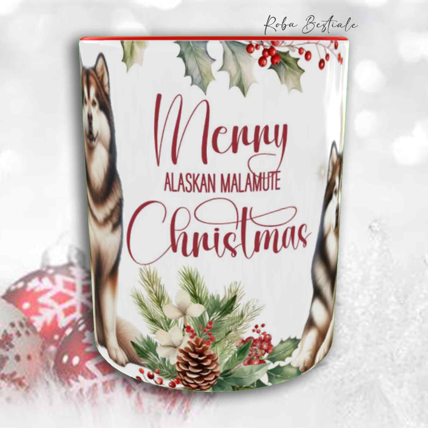 Tazza VINTAGE WINTER - ALASKAN MALAMUTE Zibellino - In Ceramica, con dettagli Rossi - 330 ml