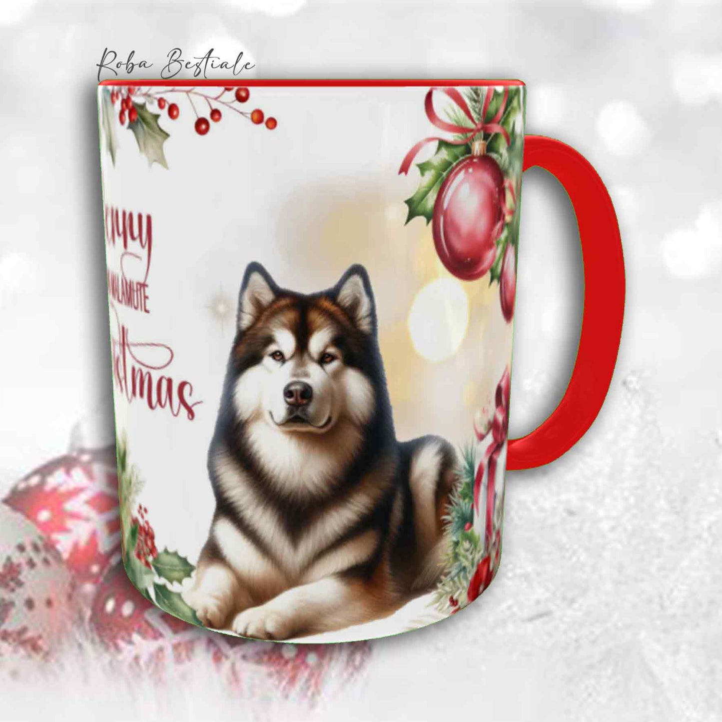 Tazza VINTAGE WINTER - ALASKAN MALAMUTE Zibellino - In Ceramica, con dettagli Rossi - 330 ml