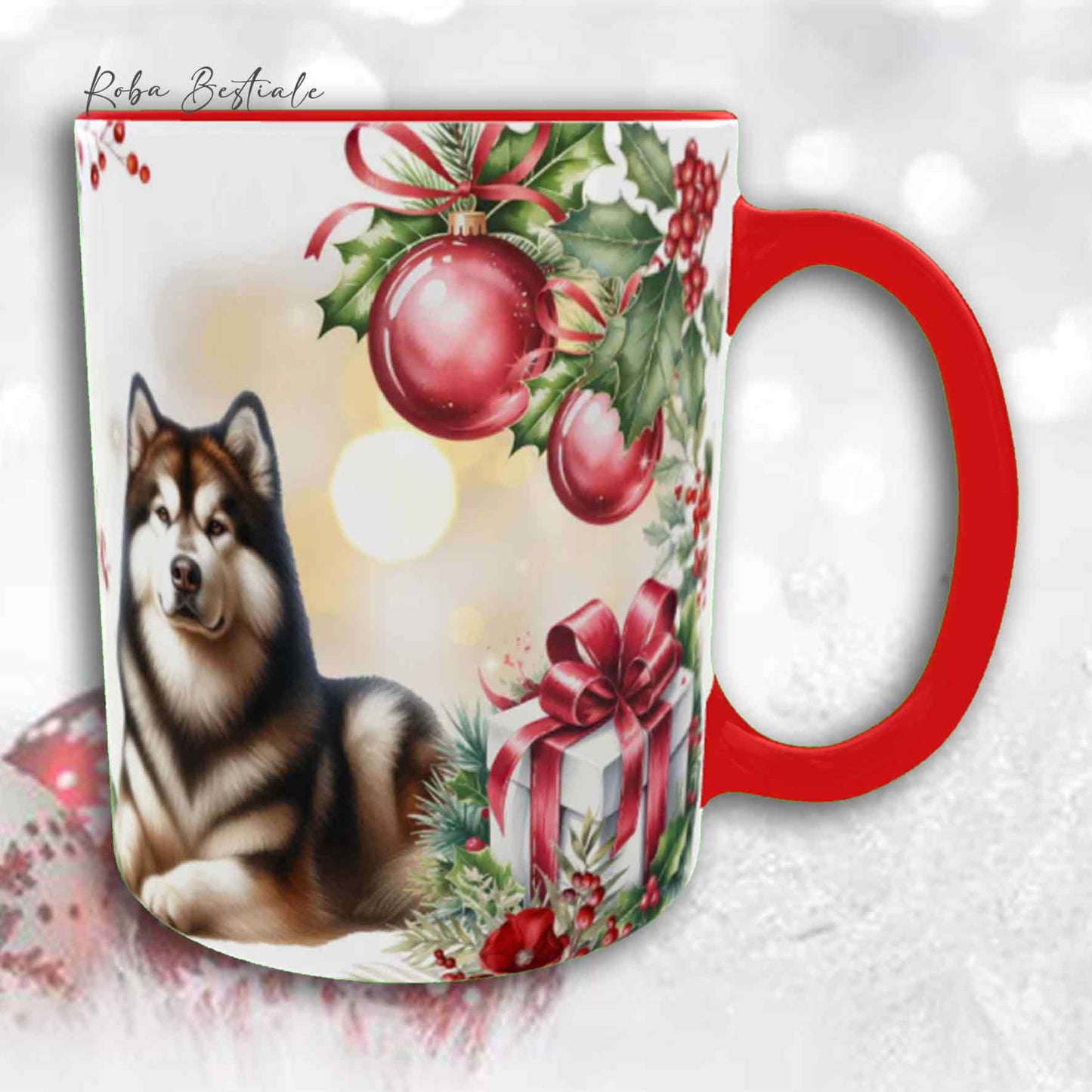 Tazza VINTAGE WINTER - ALASKAN MALAMUTE Zibellino - In Ceramica, con dettagli Rossi - 330 ml