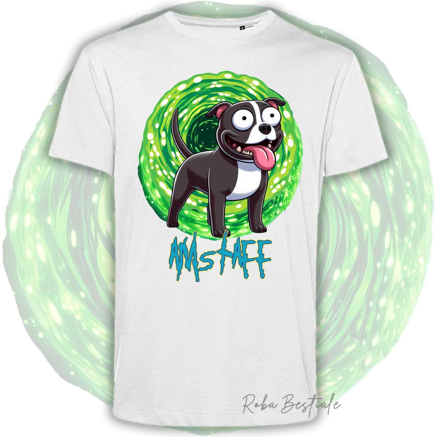 T-Shirt RICK & MORTY - AMERICAN STAFFORDSHIRE TERRIER Nero e Bianco - Bianca, Beige o Nera, Uomo o Donna - dalla XS alla 5XL