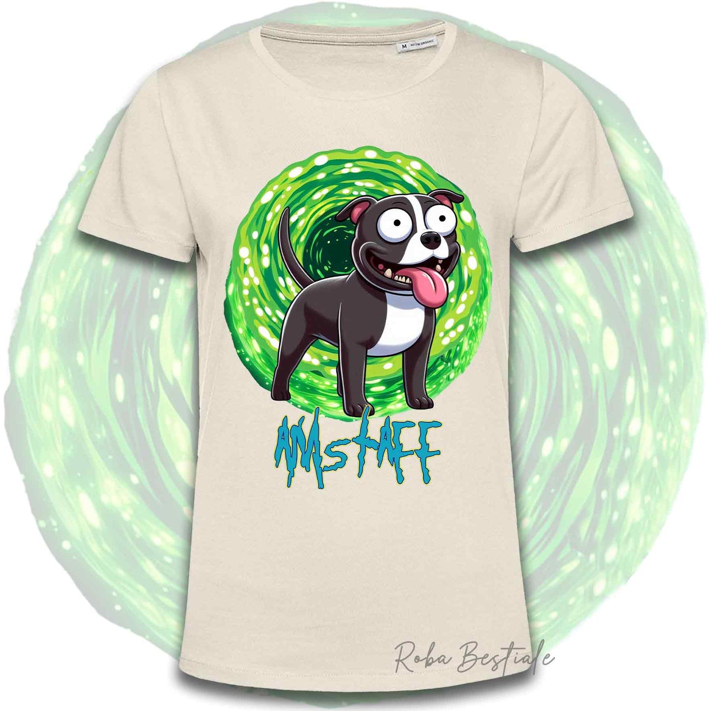 T-Shirt RICK & MORTY - AMERICAN STAFFORDSHIRE TERRIER Nero e Bianco - Bianca, Beige o Nera, Uomo o Donna - dalla XS alla 5XL