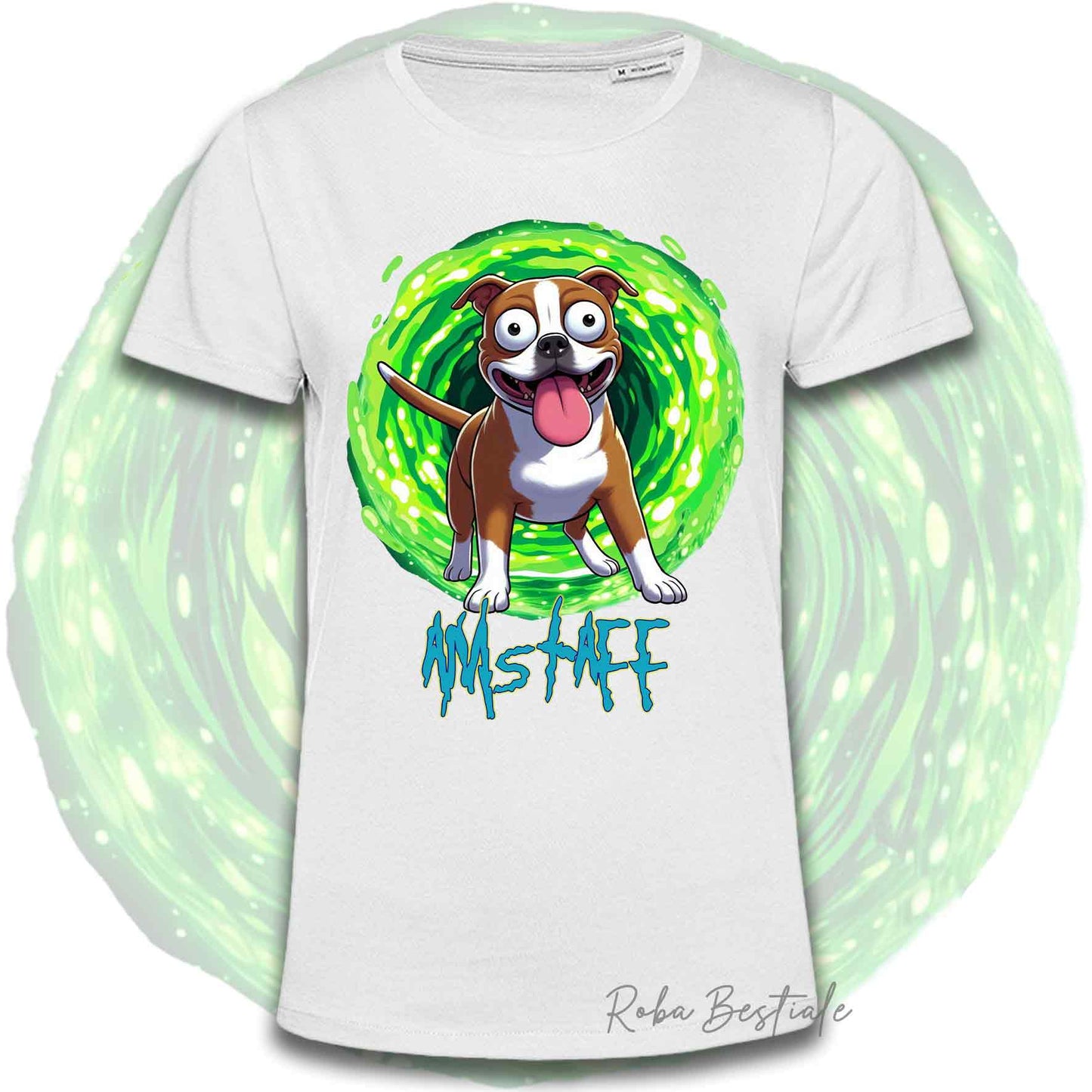 T-Shirt RICK & MORTY - AMERICAN STAFFORDSHIRE TERRIER Rosso e Bianco - Bianca, Beige o Nera, Uomo o Donna - dalla XS alla 5XL