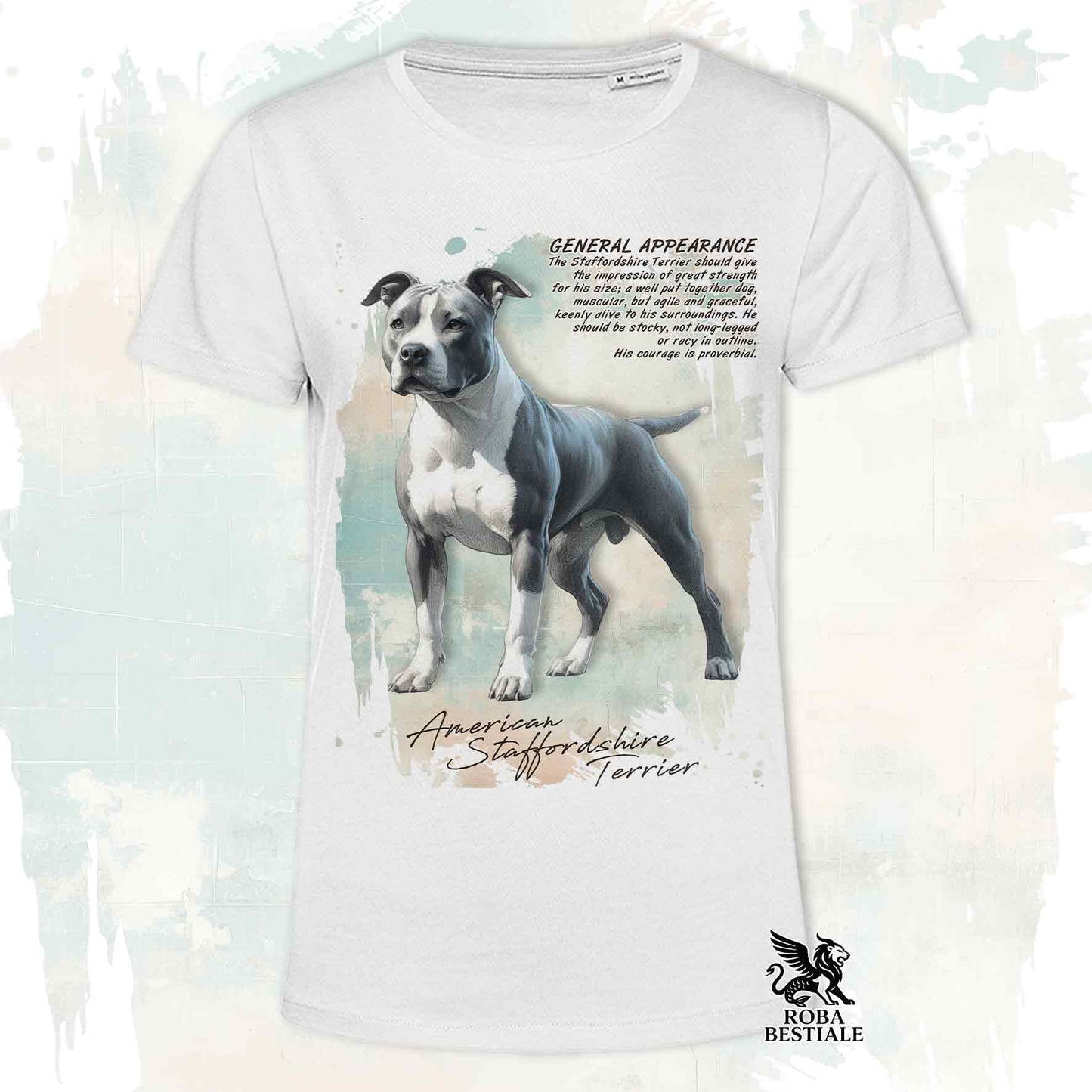 T-Shirt APPEARANCE - AMERICAN STAFFORDSHIRE TERRIER Bianco e Blu - Bianca o Beige, da Uomo o da Donna - dalla XS alla 5XL