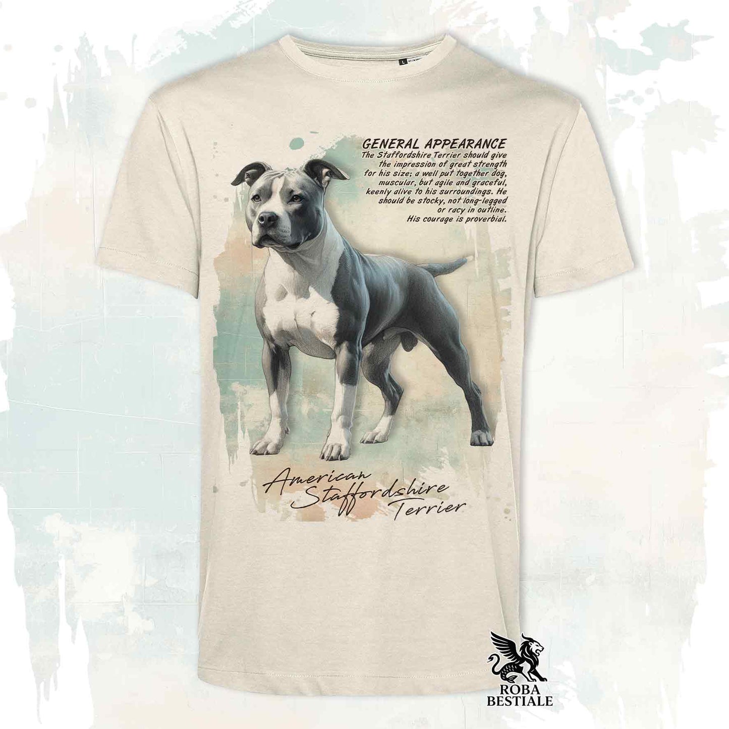 T-Shirt APPEARANCE - AMERICAN STAFFORDSHIRE TERRIER Bianco e Blu - Bianca o Beige, da Uomo o da Donna - dalla XS alla 5XL