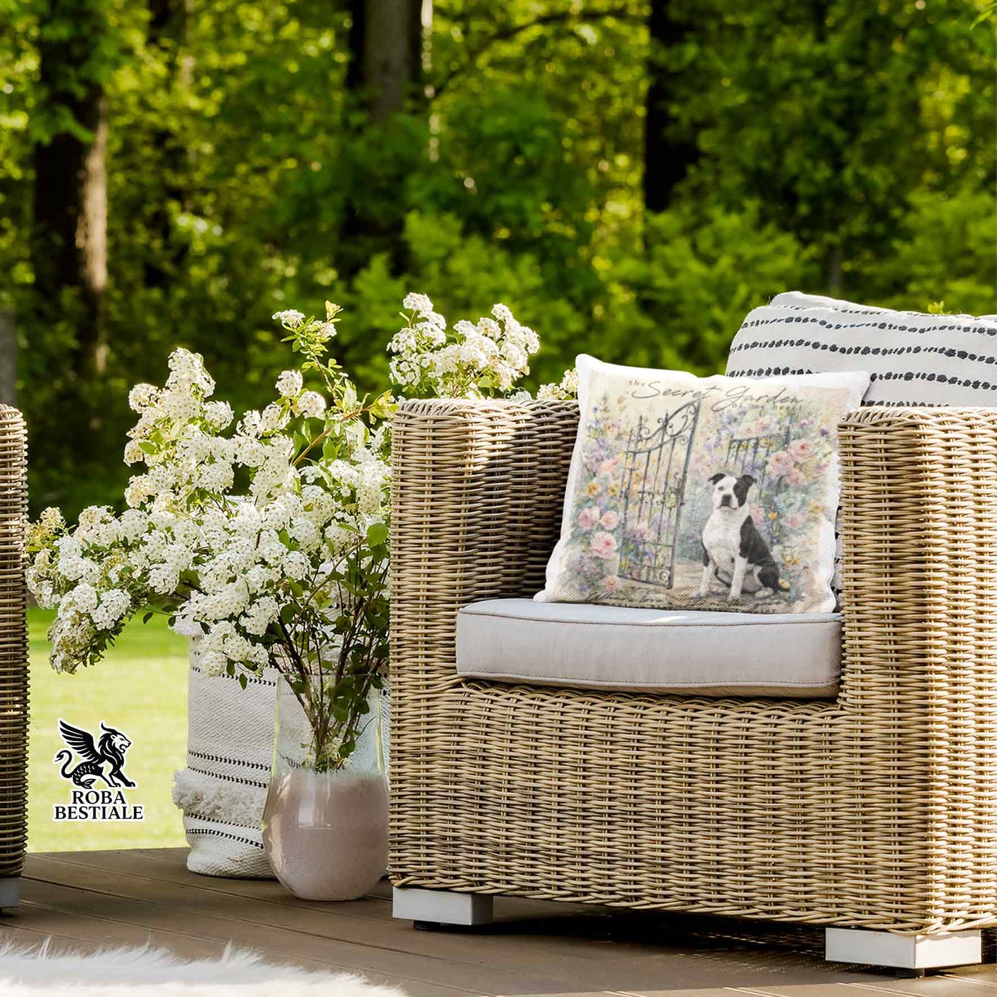 Cuscino SECRET GARDEN - AMERICAN STAFFORDSHIRE TERRIER Bianco e Nero - 100% Tela di Cotone - 40x40 cm