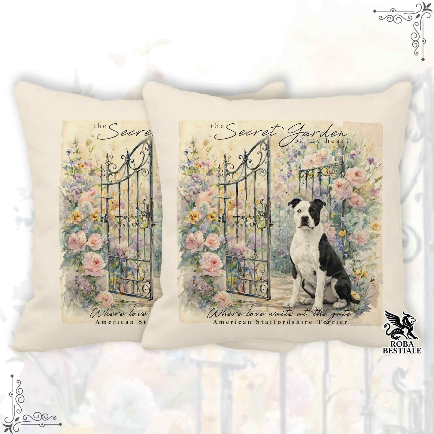 Cuscino SECRET GARDEN - AMERICAN STAFFORDSHIRE TERRIER Bianco e Nero - 100% Tela di Cotone - 40x40 cm