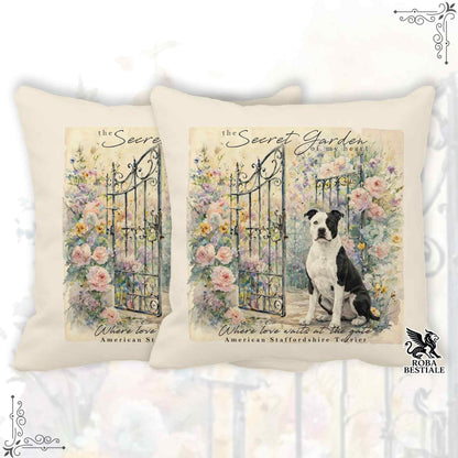 Cuscino SECRET GARDEN - AMERICAN STAFFORDSHIRE TERRIER Bianco e Nero - 100% Tela di Cotone - 40x40 cm