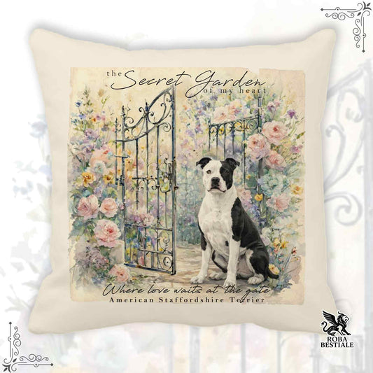 Cuscino SECRET GARDEN - AMERICAN STAFFORDSHIRE TERRIER Bianco e Nero - 100% Tela di Cotone - 40x40 cm