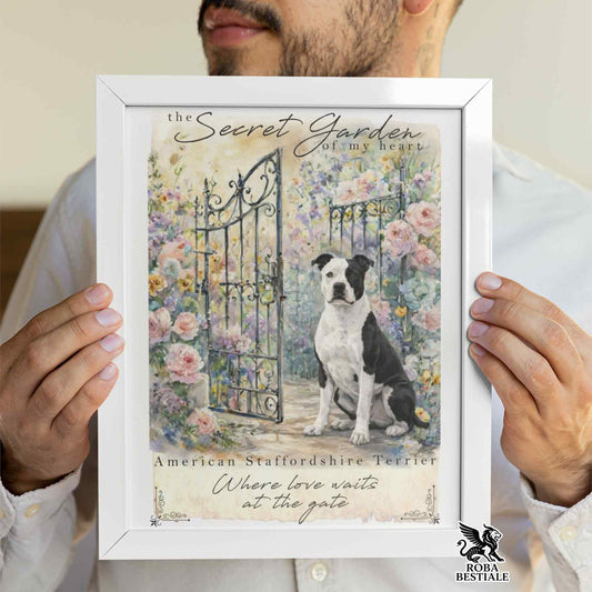 Quadretto SECRET GARDEN - AMERICAN STAFFORDSHIRE TERRIER Bianco e Nero - Con cornice in legno, formato A4