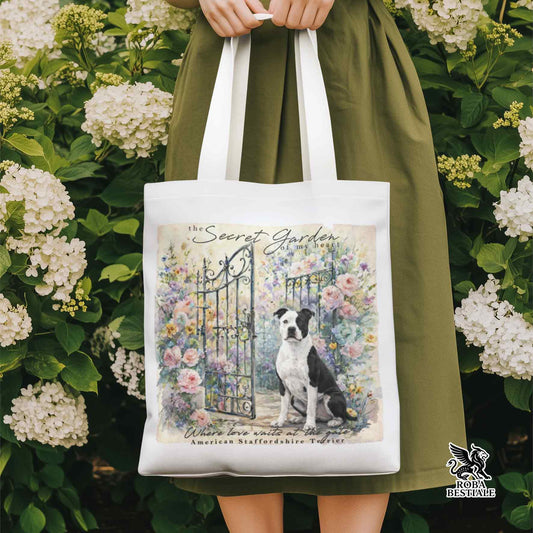 Tote Bag SECRET GARDEN - AMERICAN STAFFORDSHIRE TERRIER Bianco e Nero - 100% Cotone - Bianca o Beige